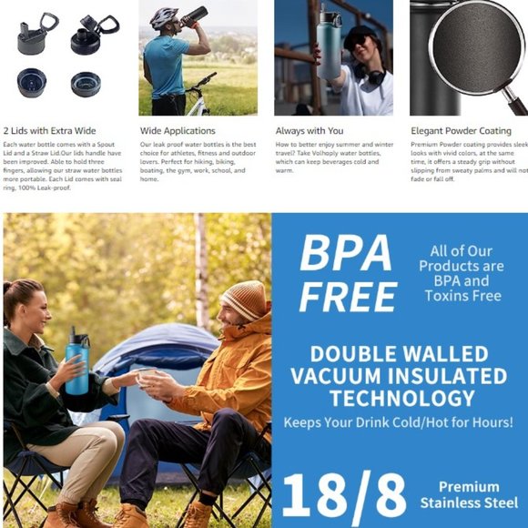 Insulated Stainless Steel Sports Water Bottle - Leak Proof w/ 2 Lids - Picture 8 of 10